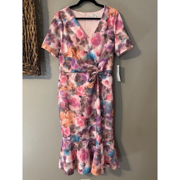 London Times Dress 14 Pink Floral Short Sleeve Stretch Washable NEW - Picture 5 of 8